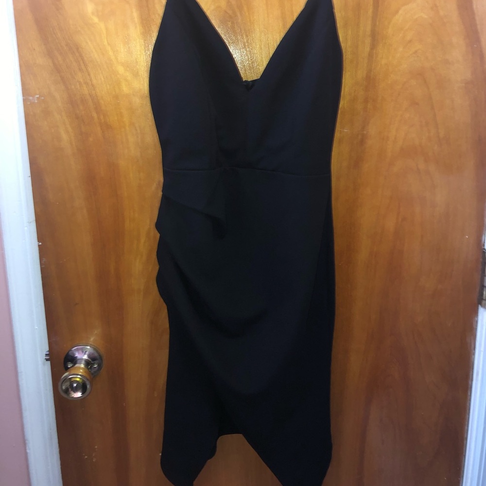 Black V-Neck Ruffled/Ruched Asymmetrical Dress